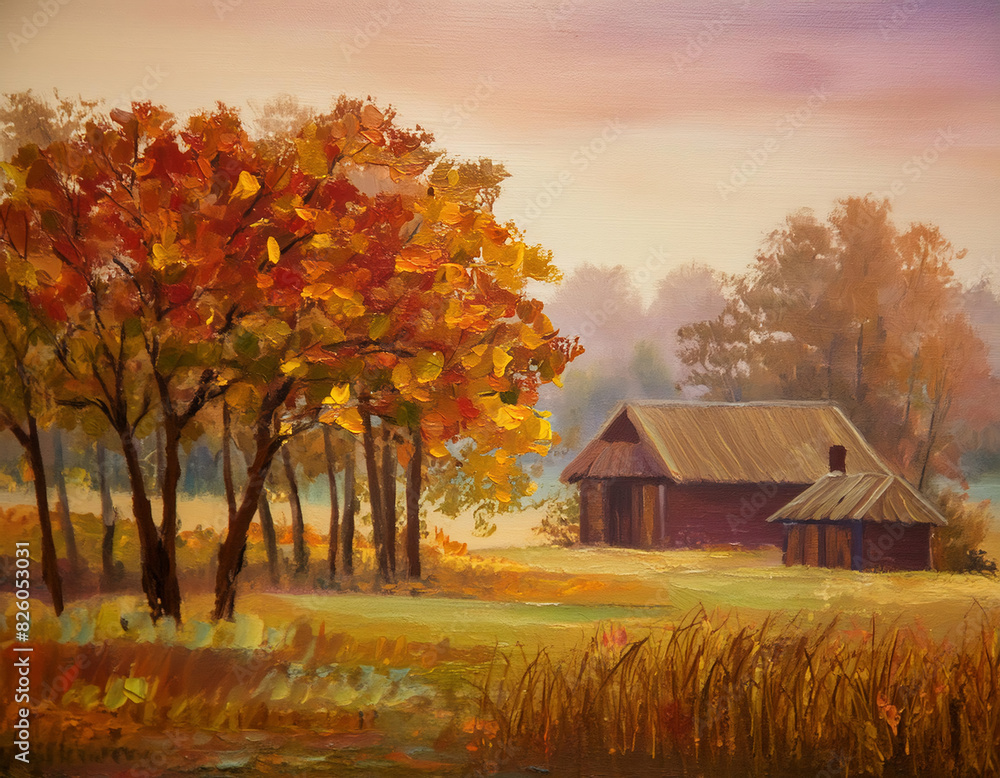 An oil painting of wooden village house nestled amidst picturesque countryside scenery in autumn	