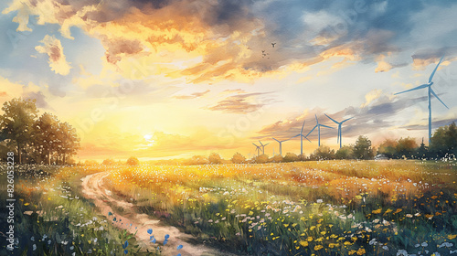 painting of a field with wind turbines and a dirt road