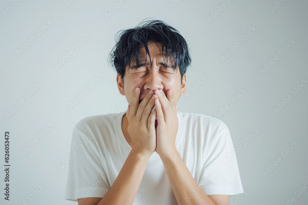 Young Asian Man in White T-Shirt Laughing with Hands Covering Mouth on a Plain Background, Expressing Joy and Amusement Young Asian Man in White T-Shirt Laughing with Hands Covering Mouth on a Plain Background, Expressing Joy and Amusement