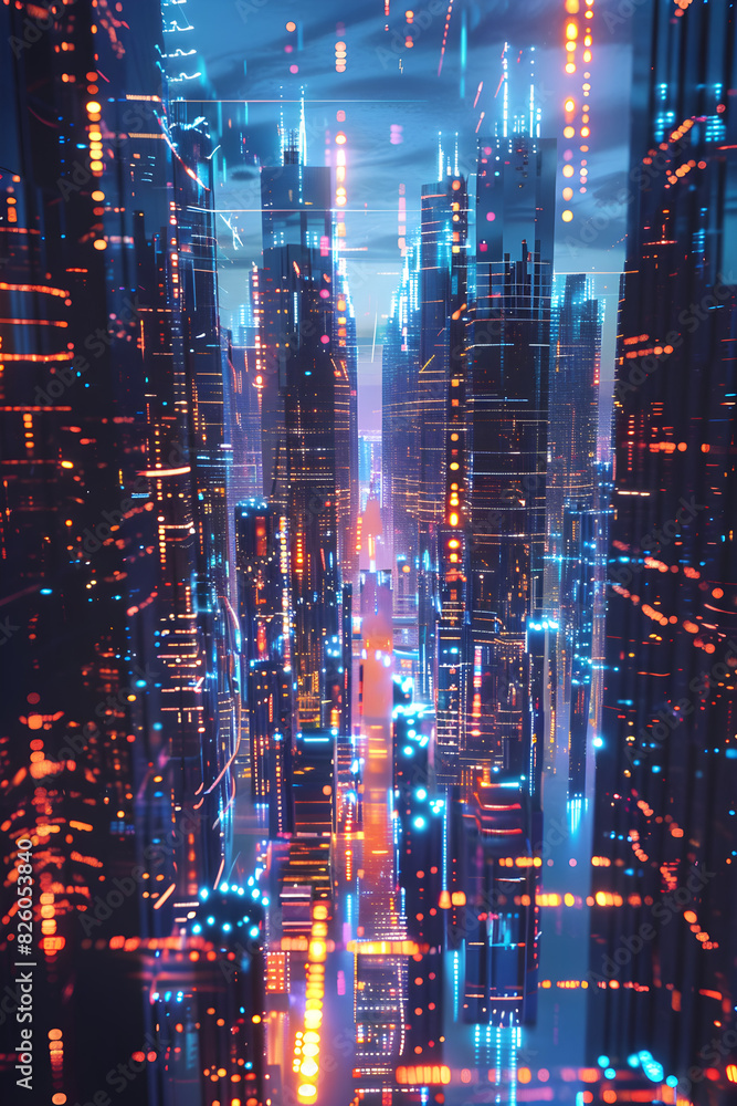 Futuristic Cityscape Illustrating the Concept of Interconnected Digital Networks