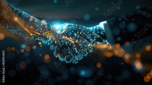 Futuristic digital handshake representing technology partnership or business agreement in the modern digital world. photo