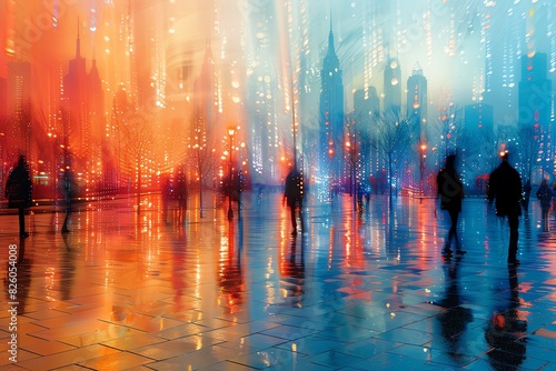 Silhouettes of people walking in a city at night, with colorful lights reflecting on a wet street.