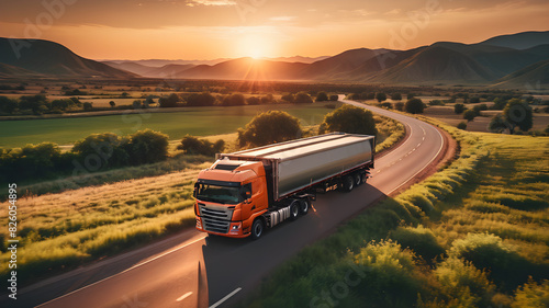 Cargo truck driving through landscape at sunset, Generative AI © Tark