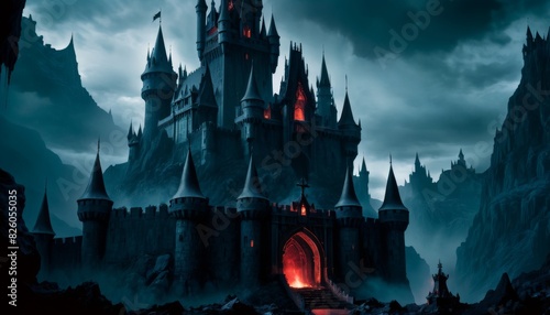 A foreboding castle looms against a murky sky, its gateway aglow with an eerie red lava light.. AI Generation photo