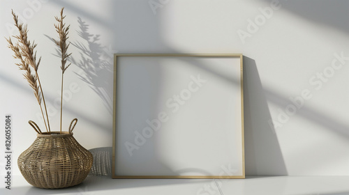 there is a picture frame and a vase with some plants in it photo