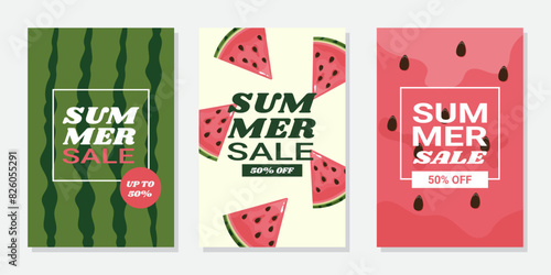 Summer sale posters set, watermelon theme,  banners for social media post template, vertical banner layout template.