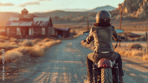 there is a woman riding a motorcycle down a dirt road photo