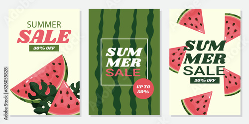 A set of three vertical summer sale banners featuring watermelon  Summer sale with 50% off discount text for business flyers, ads, and brochure layout.
