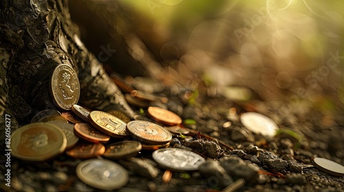 Close-up of coins scattered on the ground near a tree root with sunlight filtering through leaves, symbolizing treasure and nature. photo