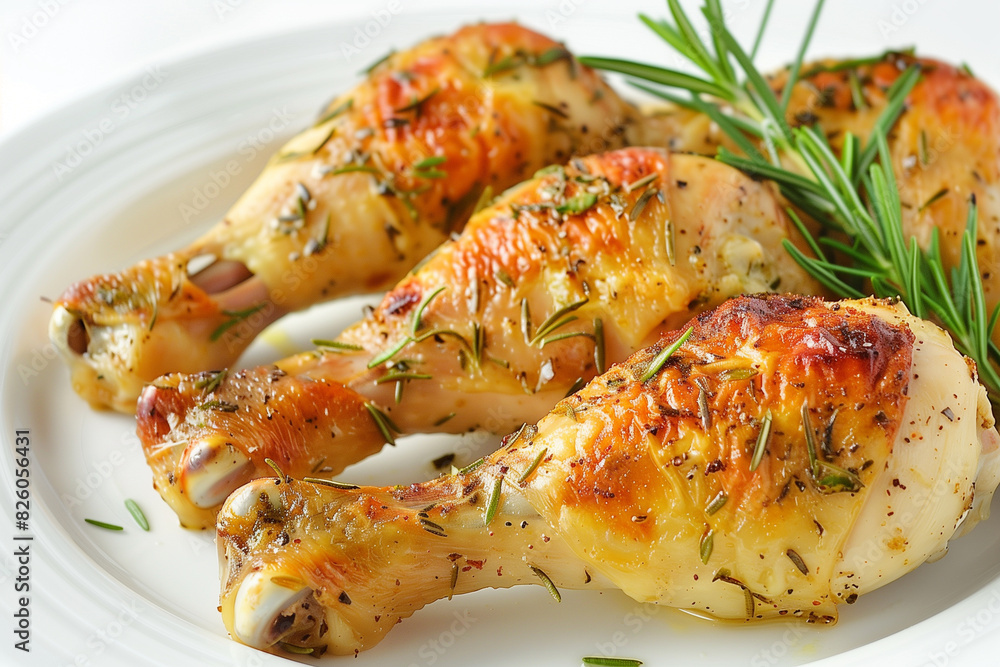 araffy chicken legs with herbs and rosemary on a white plate