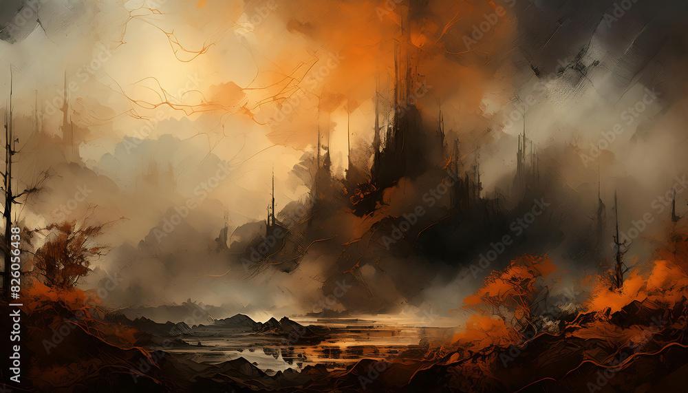 Fototapeta premium impressionist painting of a foggy mountain landscape with dreamy orange hue tones 
