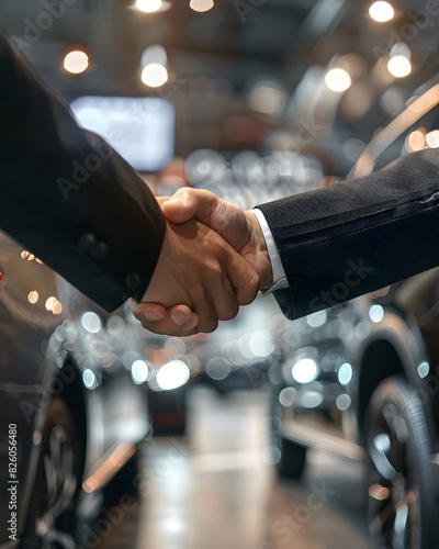 Close up of a handshake between a sales manager and a customer at a car showroom