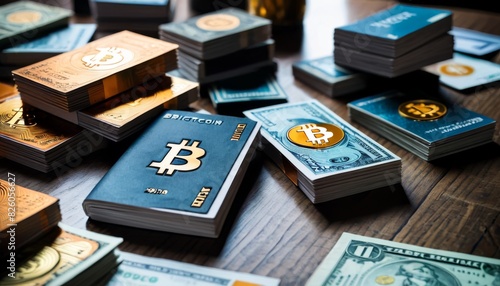 Conceptual image of Bitcoin-themed playing cards spread among stacks of US dollar bills on a wooden surface.. AI Generation