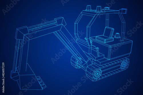 Heavy equipment excavator machine manufacturing power equipment for open pit mining. Wireframe low poly mesh vector illustration