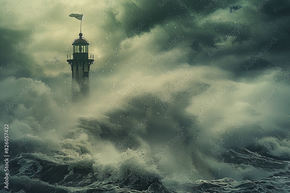 Flag atop Lighthouse Amidst Raging Storm