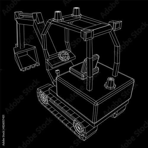 Heavy equipment excavator machine manufacturing power equipment for open pit mining. Wireframe low poly mesh vector illustration