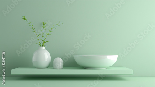 Fouce on a green podium on the shelf next to a green wall  in the style of white and cyan  daz3d  delicate lines  minimalist color field  texture-rich surfaces  stripes and shapes  rounded