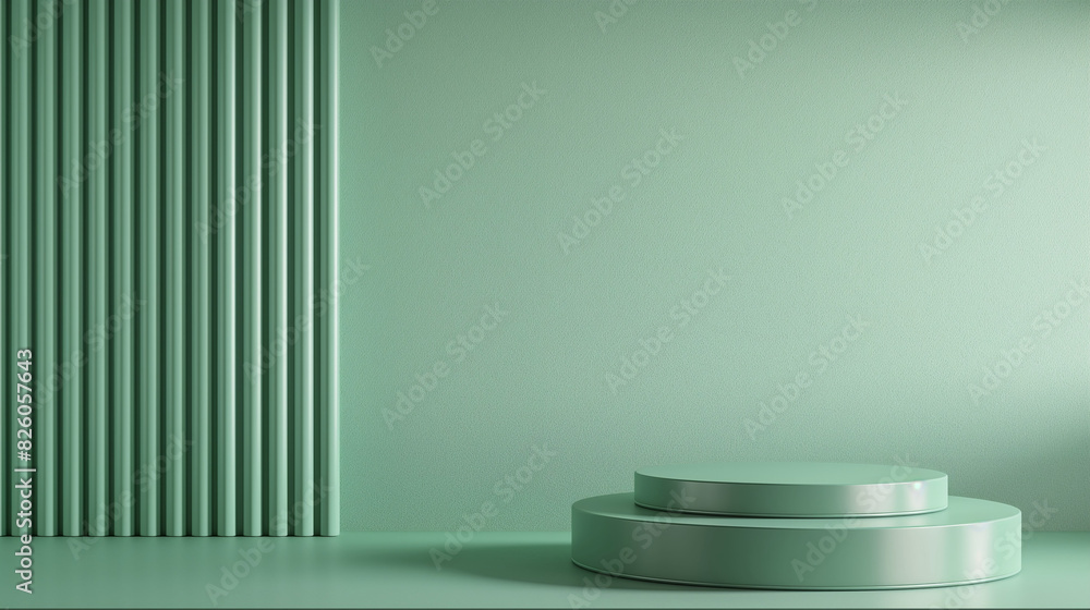 Fouce on a green podium on the shelf next to a green wall, in the style of white and cyan, daz3d, delicate lines, minimalist color field, texture-rich surfaces, stripes and shapes, rounded Fouce on a green podium on the shelf next to a green wall, in the style of white and cyan, daz3d, delicate lines, minimalist color field, texture-rich surfaces, stripes and shapes, rounded