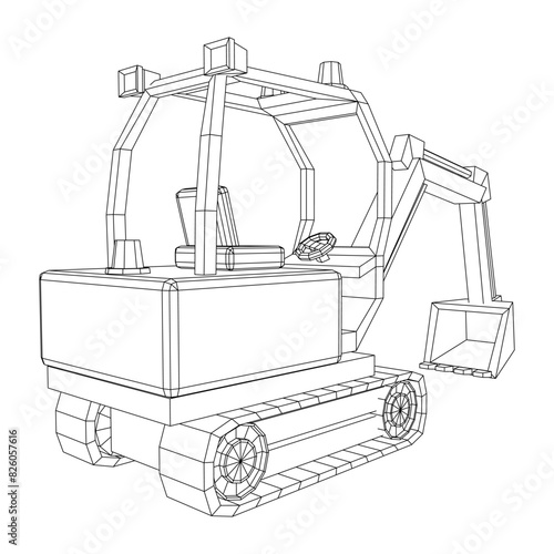 Heavy equipment excavator machine manufacturing power equipment for open pit mining. Wireframe low poly mesh vector illustration
