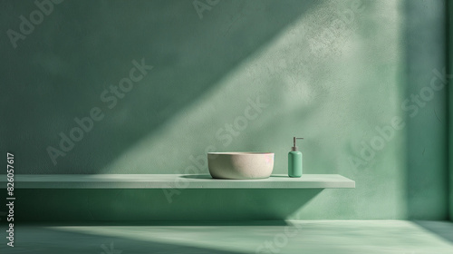 Fouce on a green podium on the shelf next to a green wall, in the style of white and cyan, daz3d, delicate lines, minimalist color field, texture-rich surfaces, stripes and shapes, rounded photo