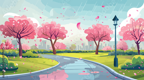 Rainy spring park with sakura trees and pedestrian ro
