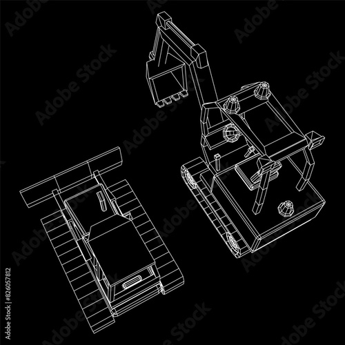 Heavy equipment excavator machine manufacturing power equipment for open pit mining. Wireframe low poly mesh vector illustration