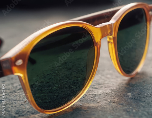 Un paio di occhiali da sole retrò con montatura spessa e lenti colorate, adagiati su un disco in vinile, evocano nostalgia. photo