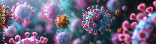 Artistic and educational representation of microscopic viruses, vivid and detailed, perfect for scientific exploration photo