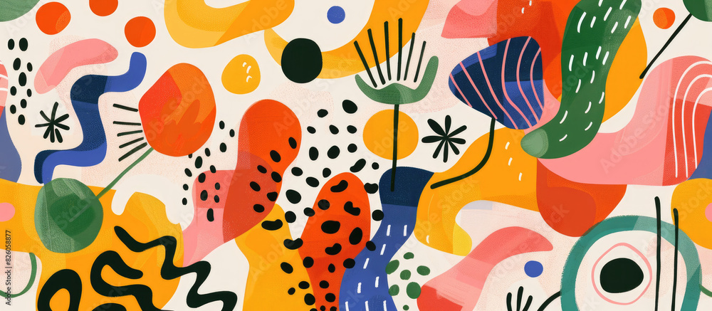 Playful and colorful abstract illustration with various shapes, patterns and textures in bright colors like red, yellow, green, pink, blue, orange and black Playful and colorful abstract illustration with various shapes, patterns and textures in bright colors like red, yellow, green, pink, blue, orange and black
