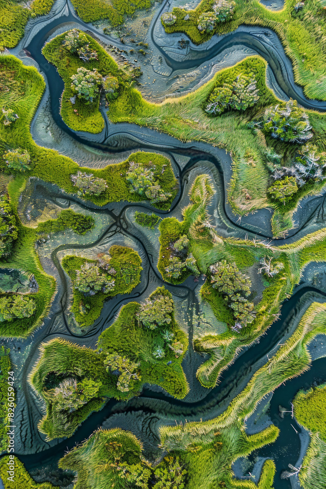 Aerial view of intricate water patterns and vegetation in wetlands, creating an abstract, minimalist composition. Aerial view of intricate water patterns and vegetation in wetlands, creating an abstract, minimalist composition.