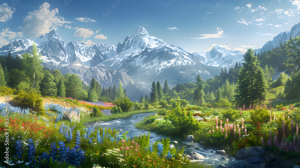Stunning mountain landscape with a winding river, lush forest valley, snow-capped peaks, and colorful wildflowers