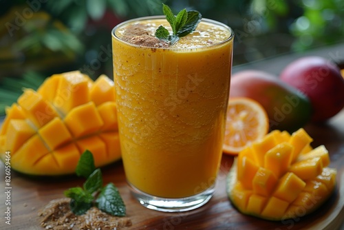 Tropical Mango Smoothie - Bright orange color with chunks of mango and a tropical backdrop. 