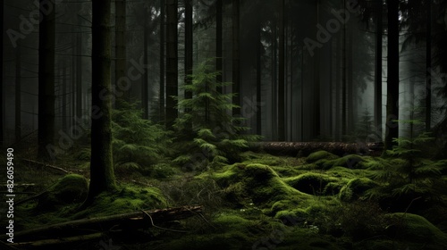 The dark forest is covered with moss on the ground, surrounded by tall trees