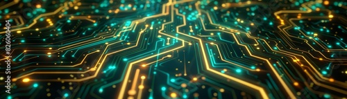Artistic depiction of a circuit board, pathways in gold and green glow, symbolizing the pulse of technology