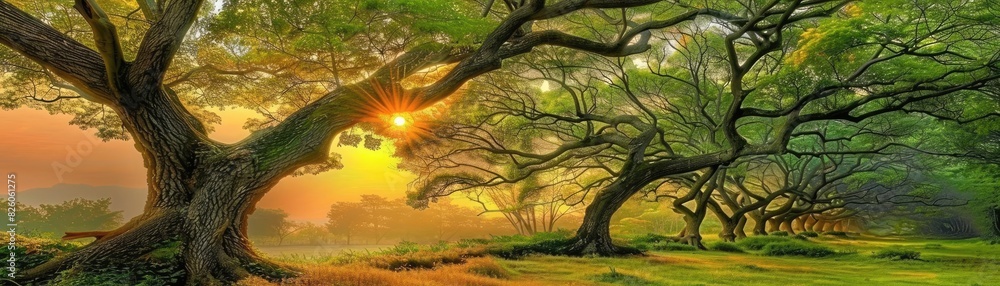 Serene sunrise over a lush forest with winding trees and golden light filtering through the branches, creating a peaceful natural scene. Serene sunrise over a lush forest with winding trees and golden light filtering through the branches, creating a peaceful natural scene.