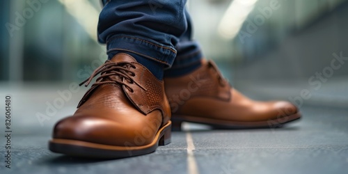 Italian men's shoes, man wearing the shoe, close-up of the shoe, photo from the bottom up, angle that makes the shoe look big in the photo