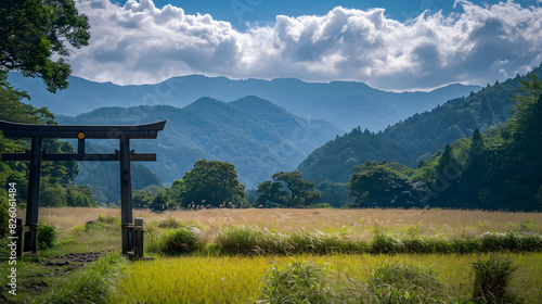 View of field and arch, Kumano Kodo Pilgrimage Route, Japan photo