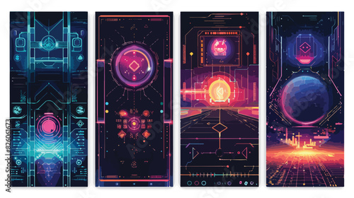 Retro futuristic techno banners set of four . Vector photo