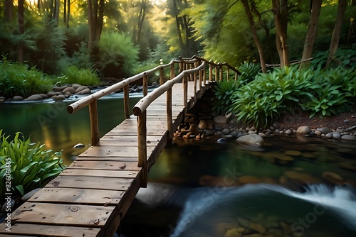 Wooden bridge leads across a waterway in a green forest. Generative AI