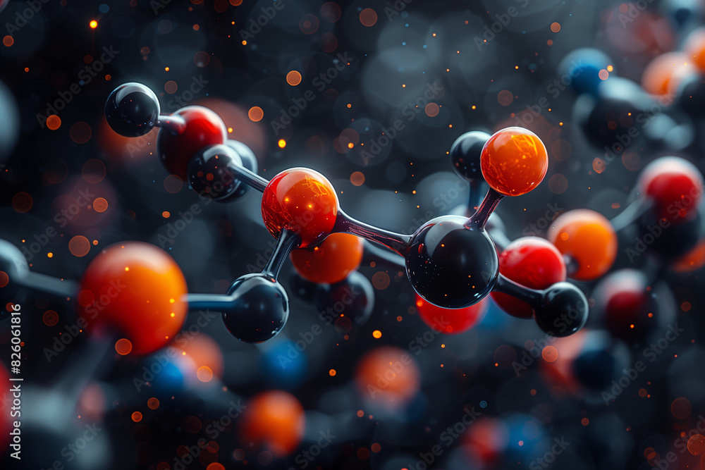 Abstract representation of molecules with colorful spheres and connecting rods on a dark background Abstract representation of molecules with colorful spheres and connecting rods on a dark background
