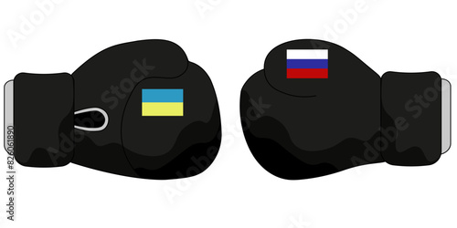 Simple black Boxing Gloves with russian and ukrainian flag isolated transparent background. Vector Boxer Gloves in trendy flat style can used web and social media banner, poster, flyer, newspaper