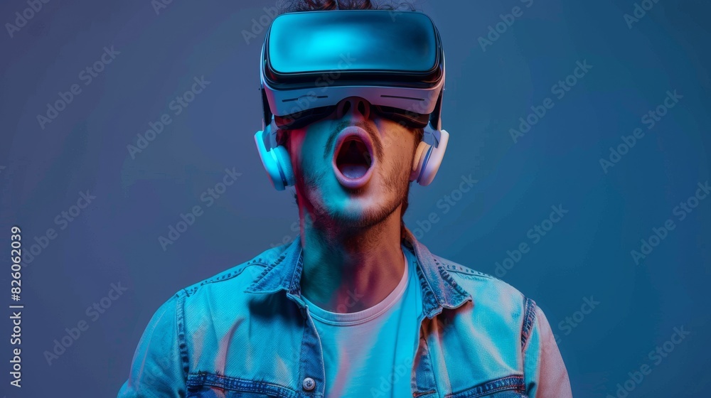 3D cartoon man with virtual reality goggles and explore virtual world of a video game isolated blue background, video game 3D cartoon man with virtual reality goggles and explore virtual world of a video game isolated blue background, video game