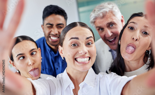 Selfie, funny and portrait of business people in office with team building, bonding or friendship. Happy, about us and group of lawyers with silly, goofy or comic face for photography in workplace.