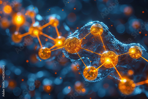 Close-up of molecular structures with glowing particles and lines representing bonds