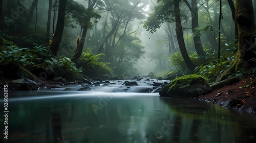 A cascading waterfall surrounded by lush green trees in a refreshing natural landscape. Generative AI