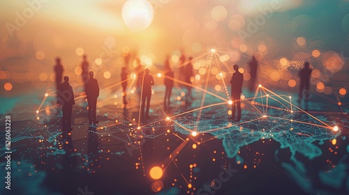 Abstract business network concept with silhouettes of people on the world map