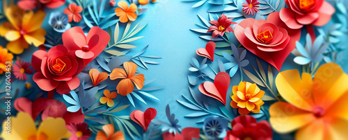 Bright red, yellow and blue floral paper cut setting with flowers and red hearts. Artistic Valentine’s day concept background or wallpaper design.