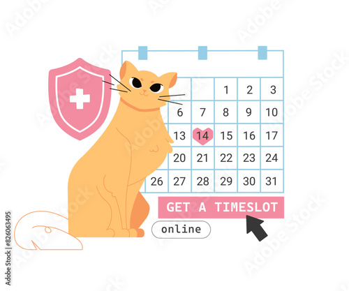 Cute cat next to a large calendar. Online booking of an appointment with a veterinarian. Taking care of pet's health. Select date and time. Pastels colors. Vector flat illustration.