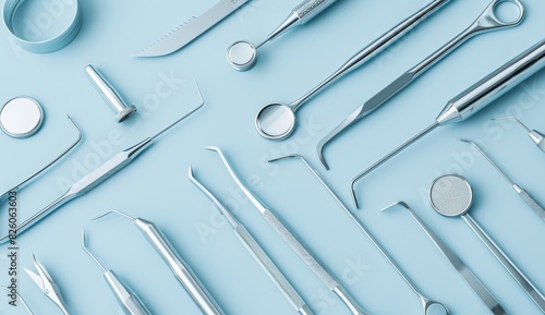 Light blue background with various medical tools arranged in a pattern 