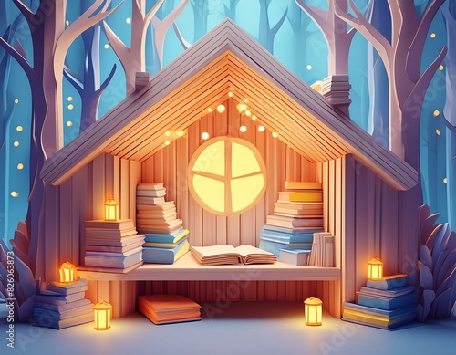 Wooden house in the forest with books, cozy and colorful ambience